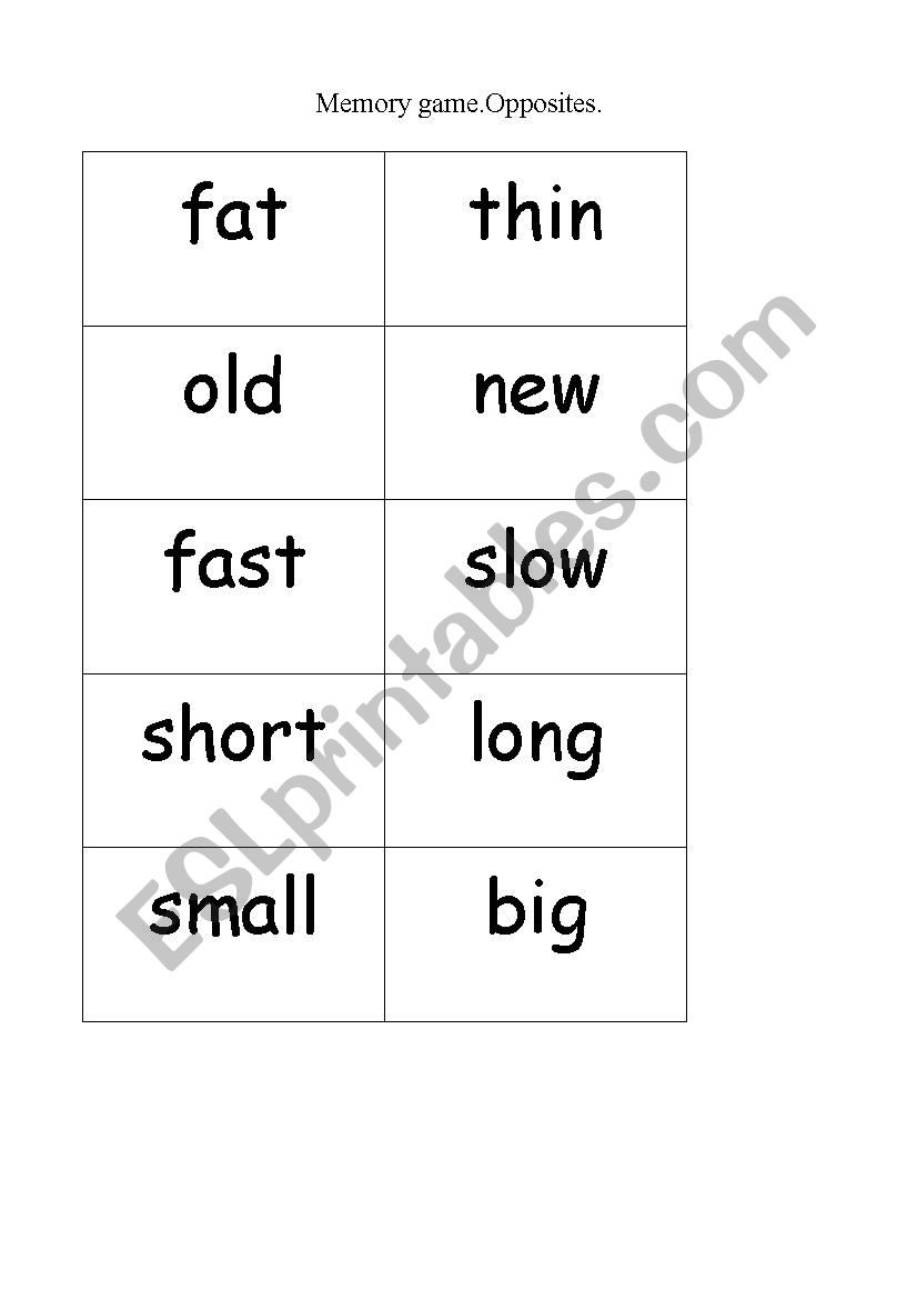 Memory game worksheet