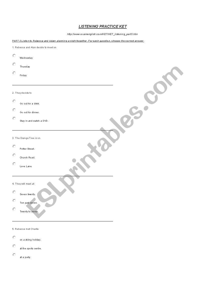 LISTENING PET EXAM worksheet