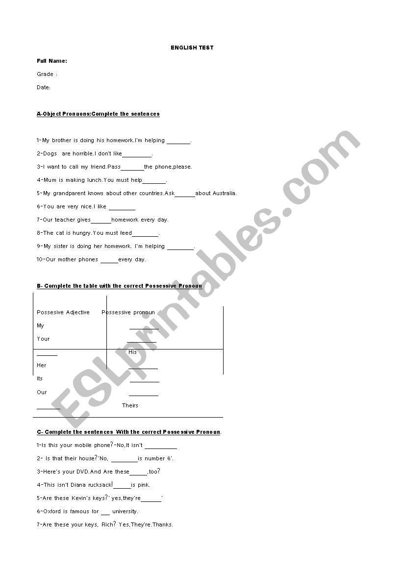 past test worksheet