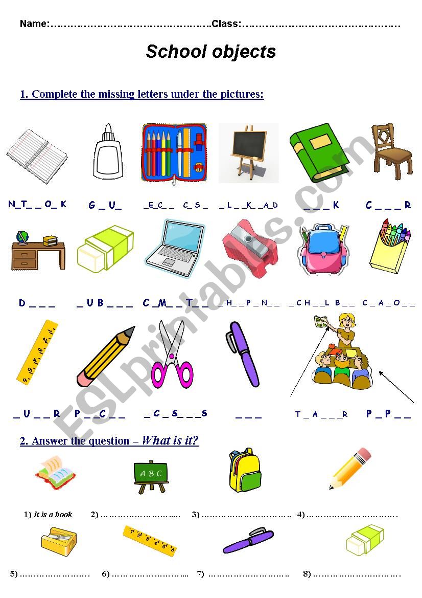 school objects worksheet