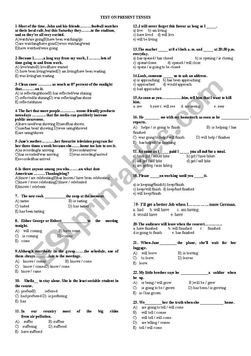 present tenses test worksheet