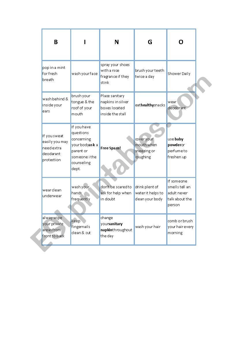 bingo worksheet