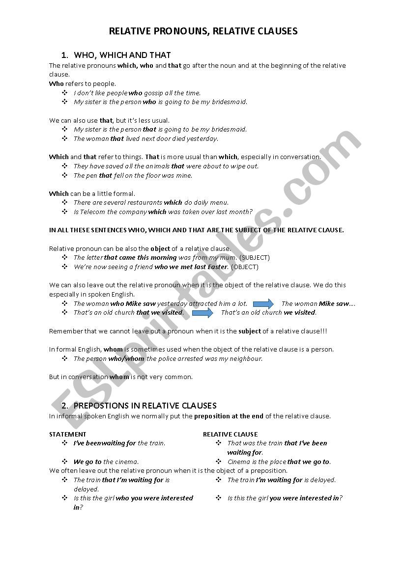 Relative pronouns/clauses worksheet