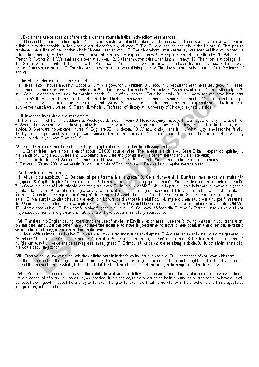 Articles worksheet