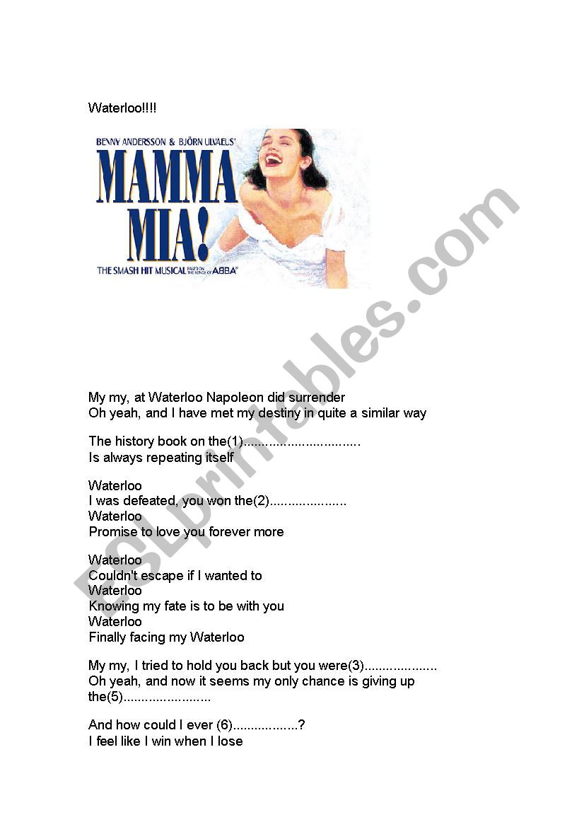 Waterloo, mamma mia! worksheet