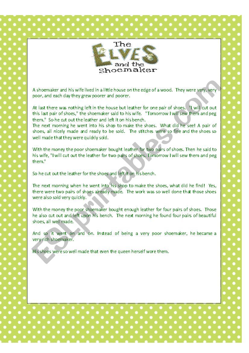 The Elves and the Shoemaker worksheet