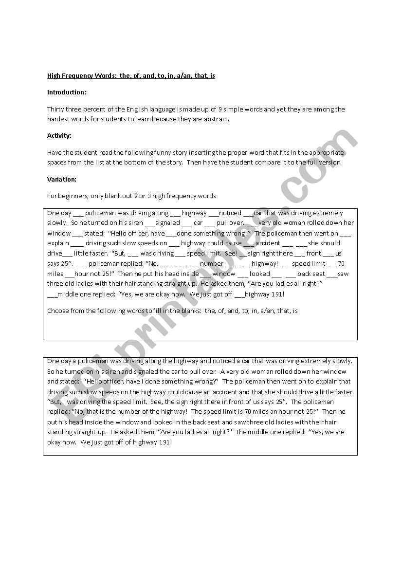 High Frequency Word Exercise worksheet
