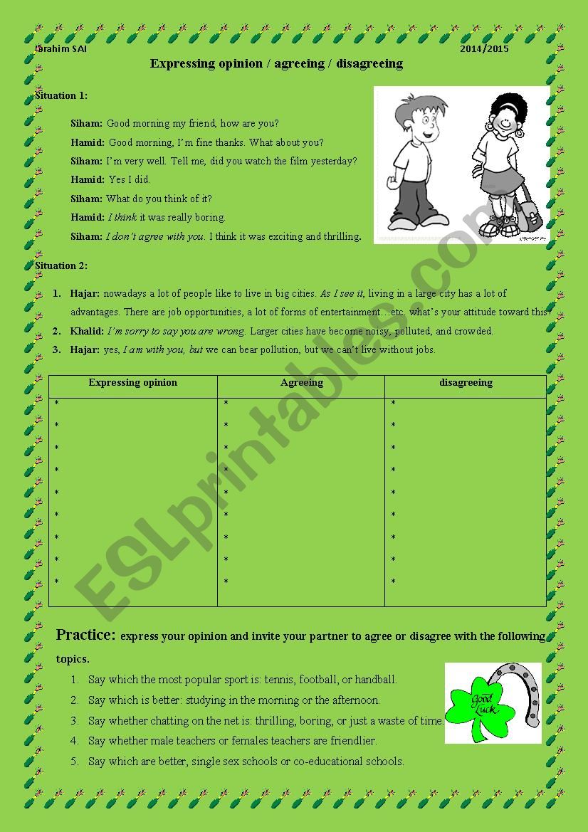 expressing opinion/agreeing/disagreeing worksheet