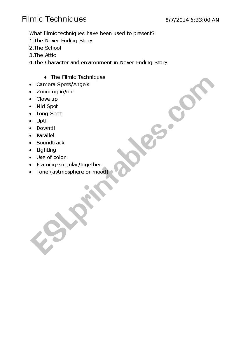 Filmic techniques worksheet