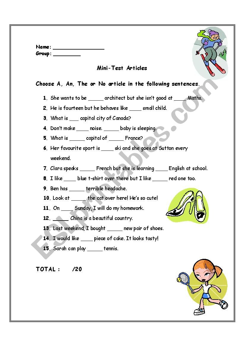 Articles mini-test worksheet