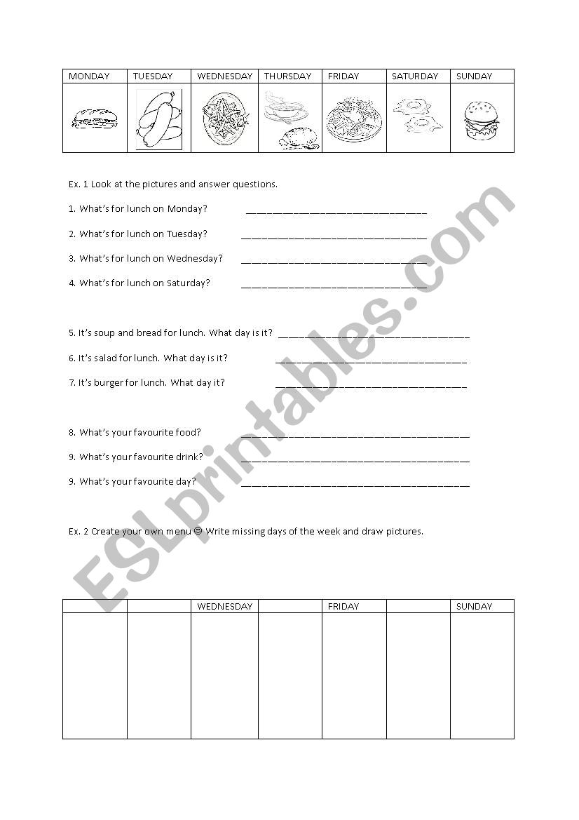 food and days of the week worksheet