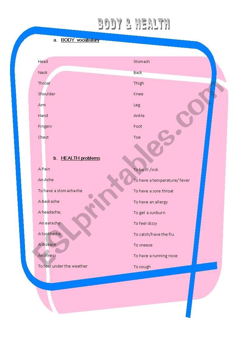 BODY AND HEALTH worksheet