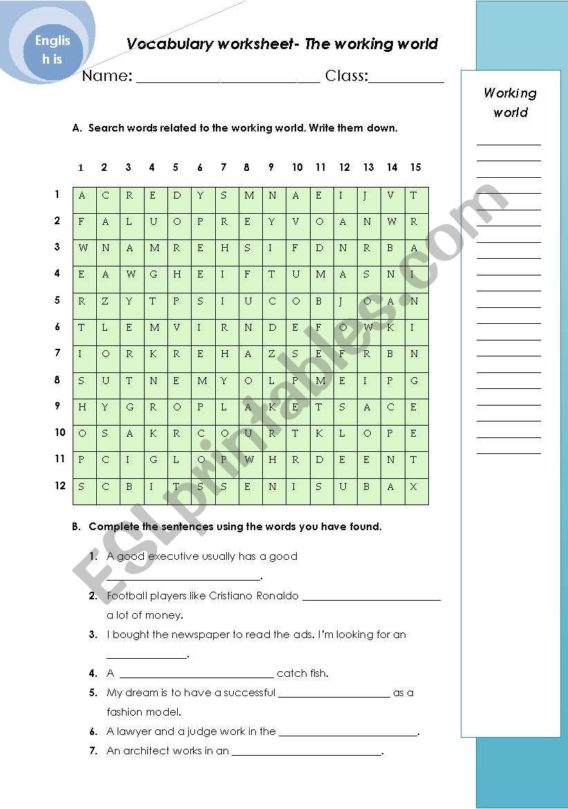 The working world - wordsearch