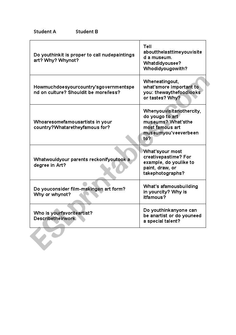 Questioons about art worksheet
