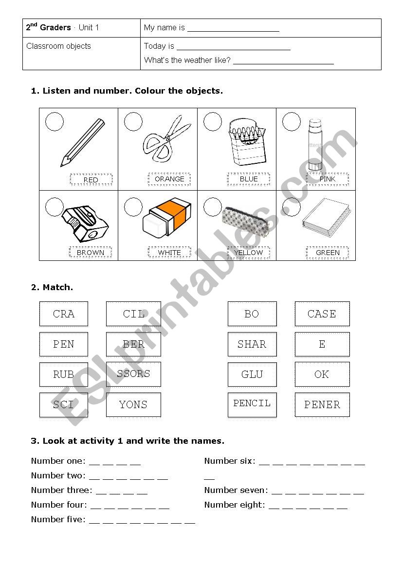 Classroom objects worksheet