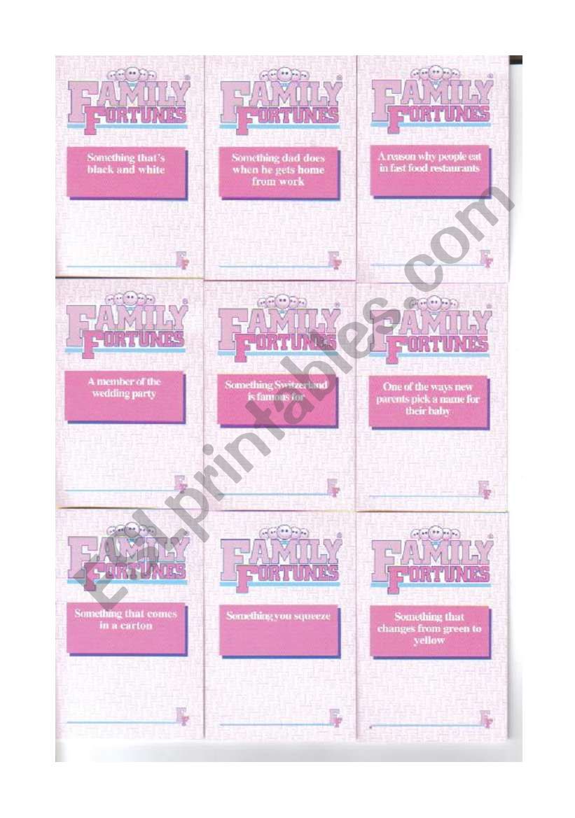 Family Fortunes cards 3/4 worksheet