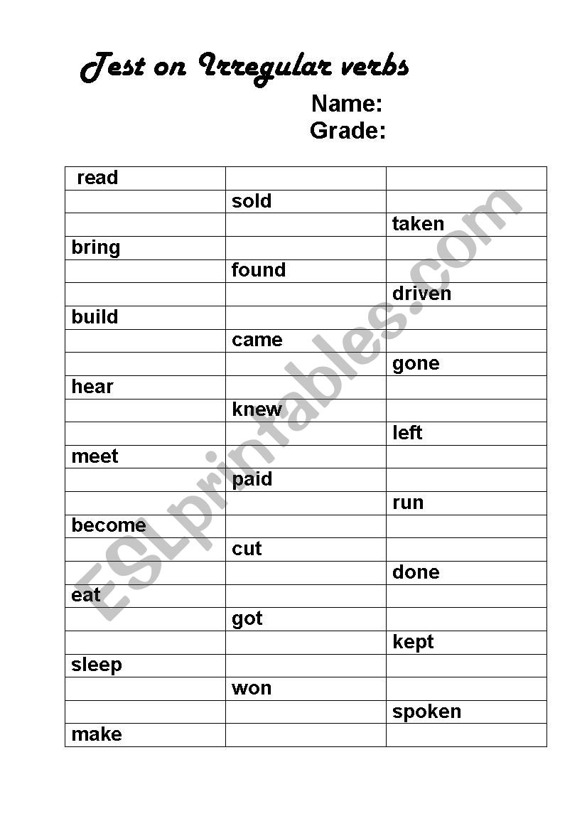 TEST ON IRREGULAR VERBS worksheet