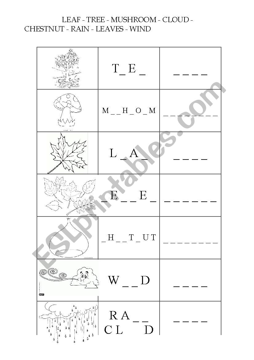 Autumn - missing words worksheet