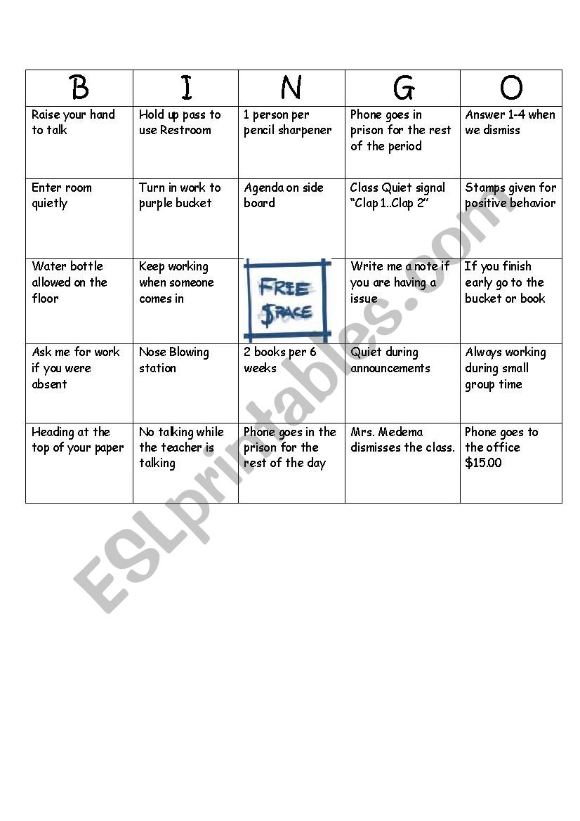 Classroom Bingo worksheet