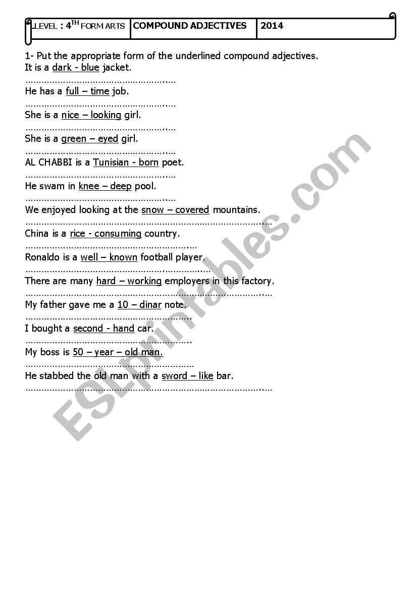 compound adjectives worksheet