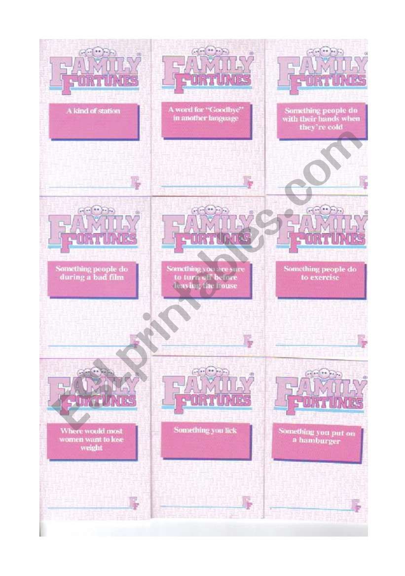 Family Fortunes cards 4/4 worksheet