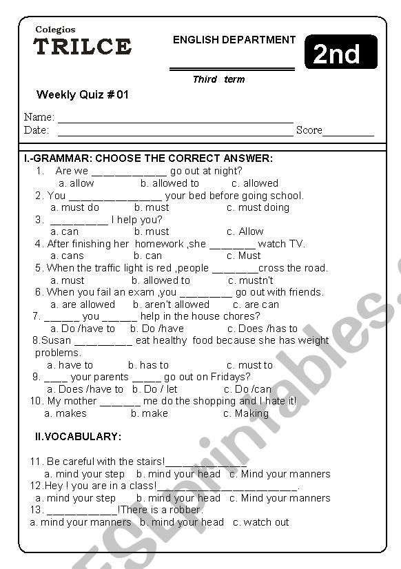 QUIZ ABOUT MODALS worksheet