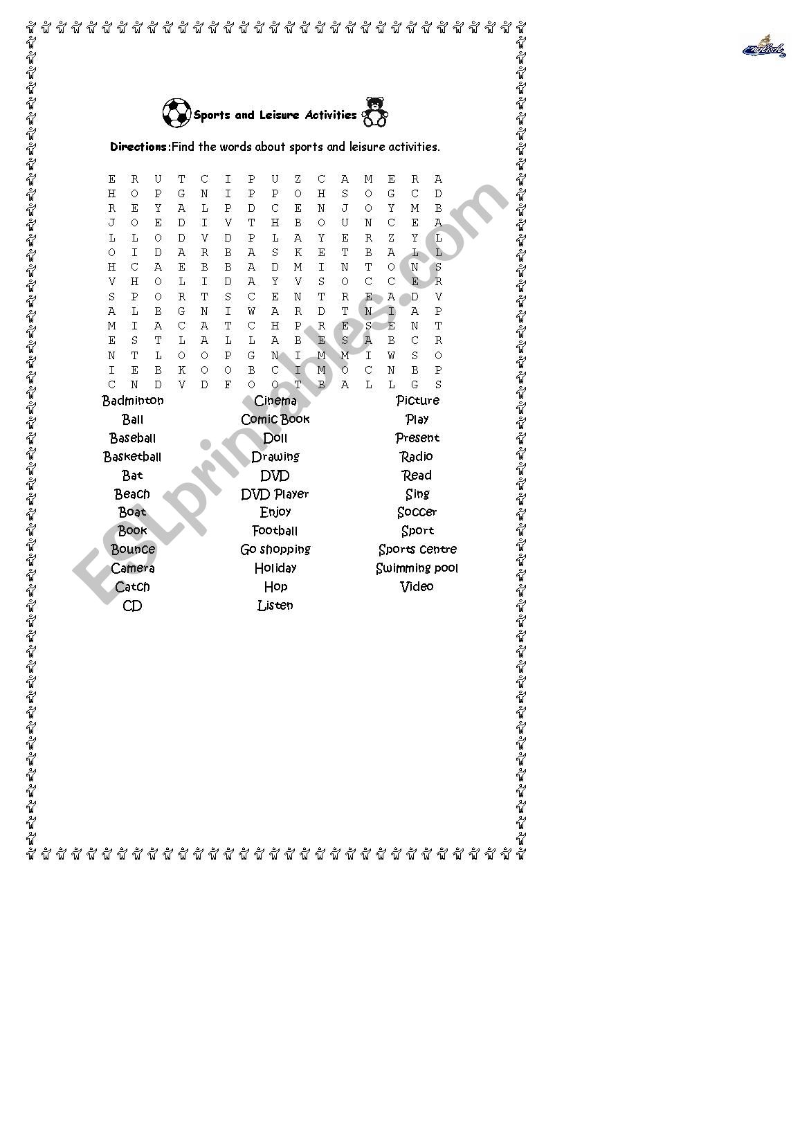 Leisure - wordsearch worksheet