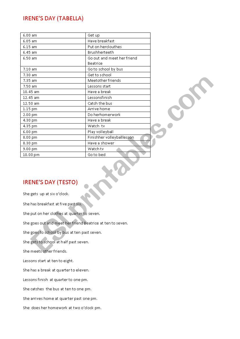 Irenes day worksheet