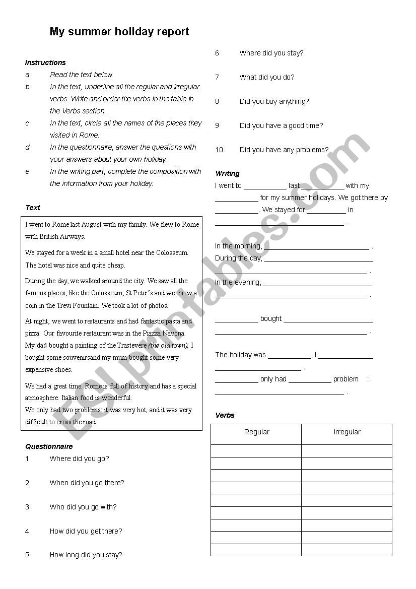A summer holiday report worksheet