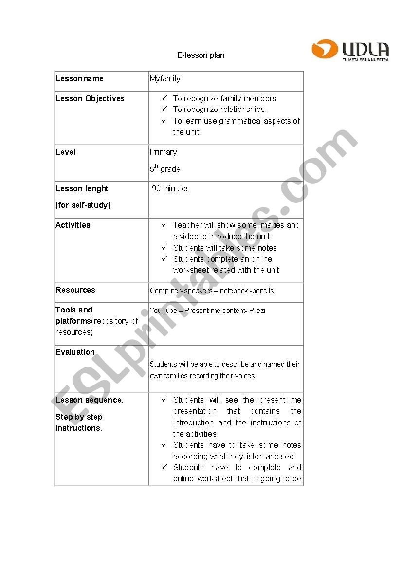 Lesson plan My family worksheet