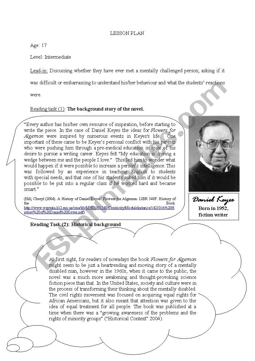 Flowers for Algernon Activity sheet - ESL worksheet by ...