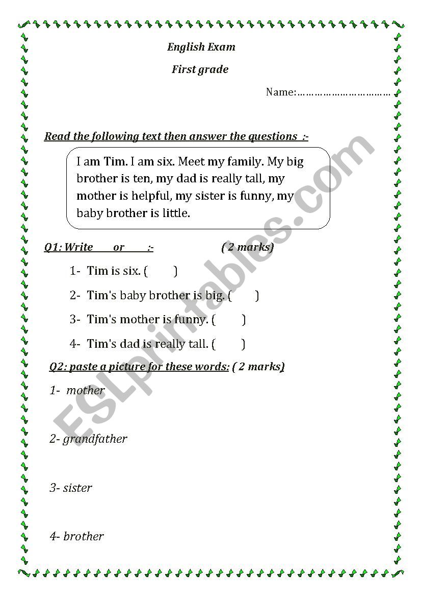 1st grade exam worksheet