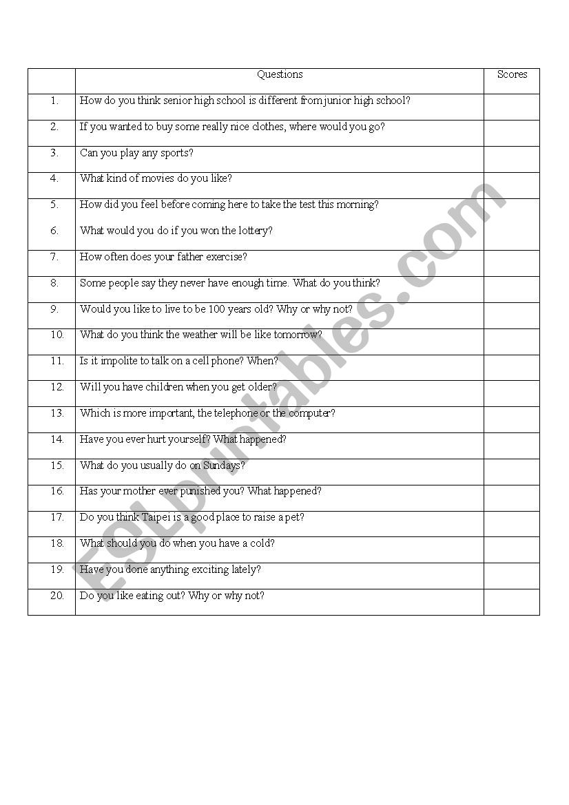 Oral practice questions worksheet