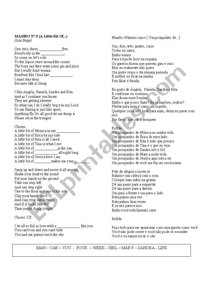 mambo number 5 worksheet