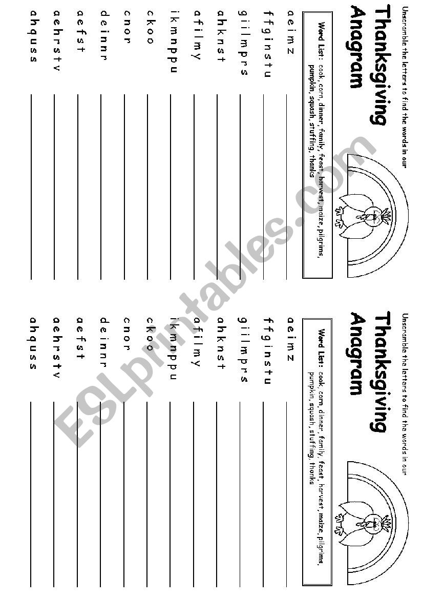 Thanksgiving annagramme worksheet