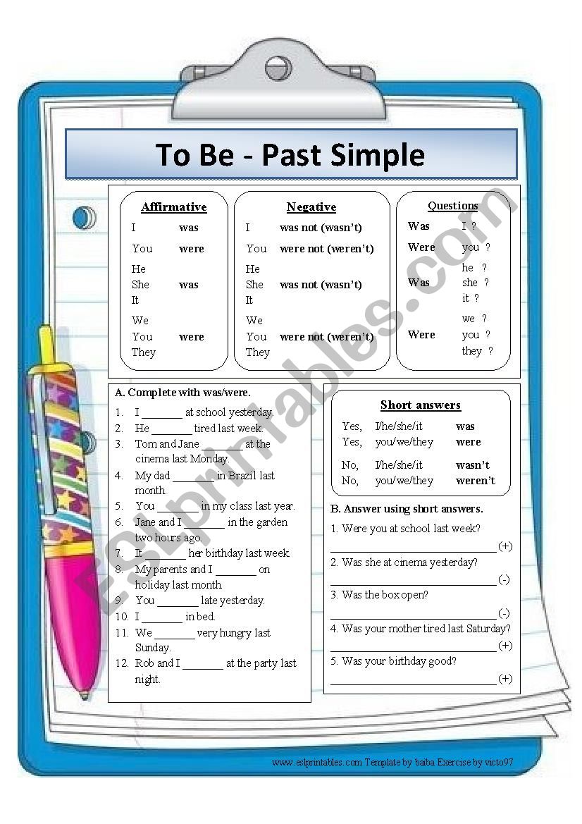 To Be - Past Simple part 1 worksheet