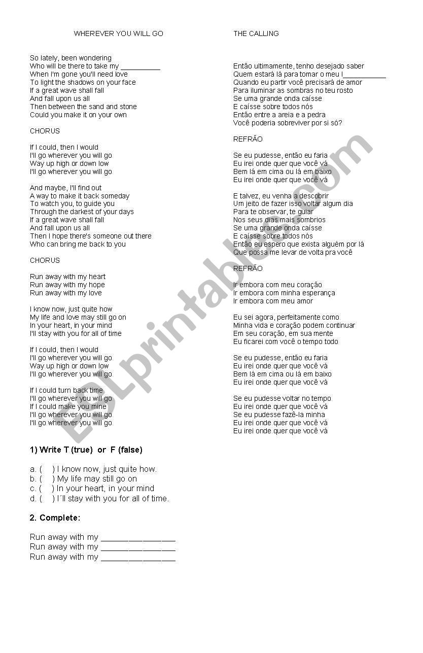 WHEREVER YOU WILL GO worksheet
