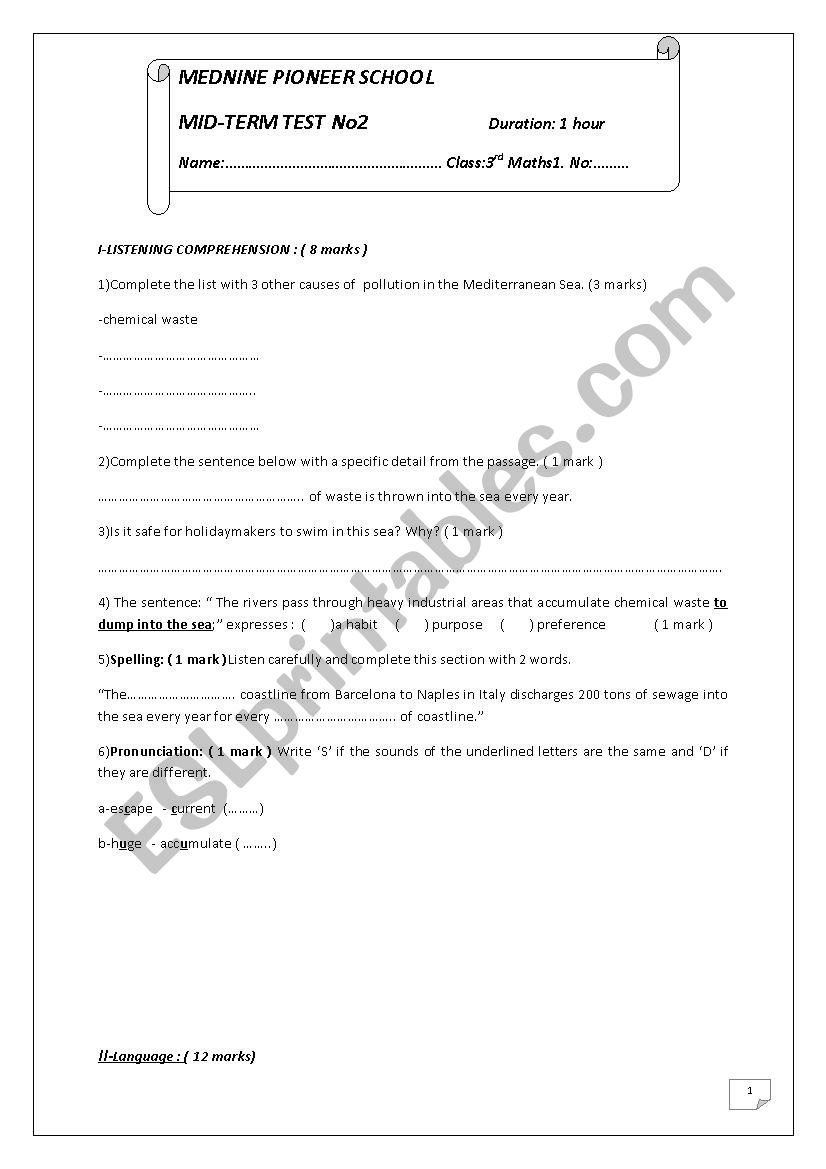 3RD TEST 2ND TERM worksheet