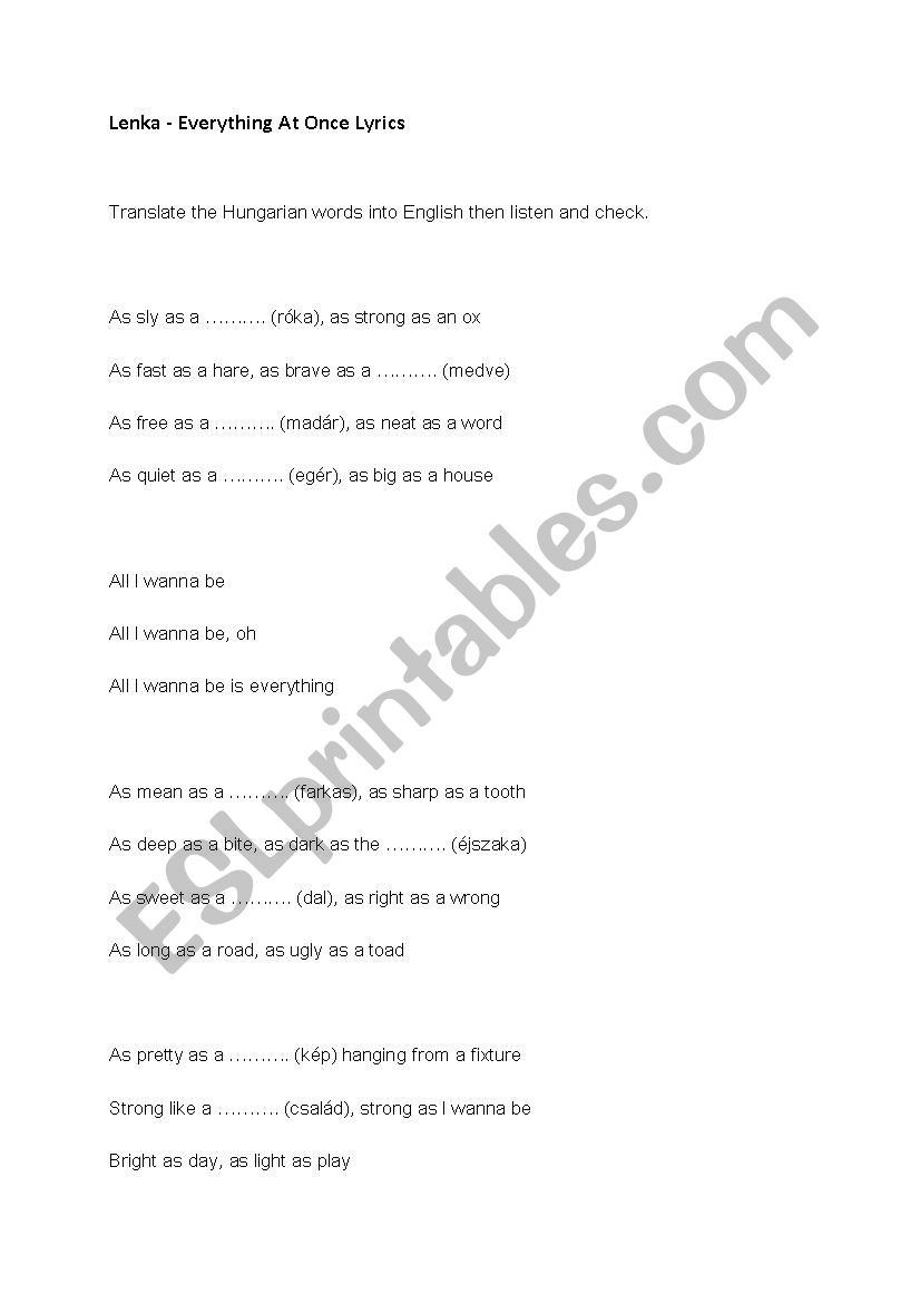 SONG Lenka Everything at Once worksheet