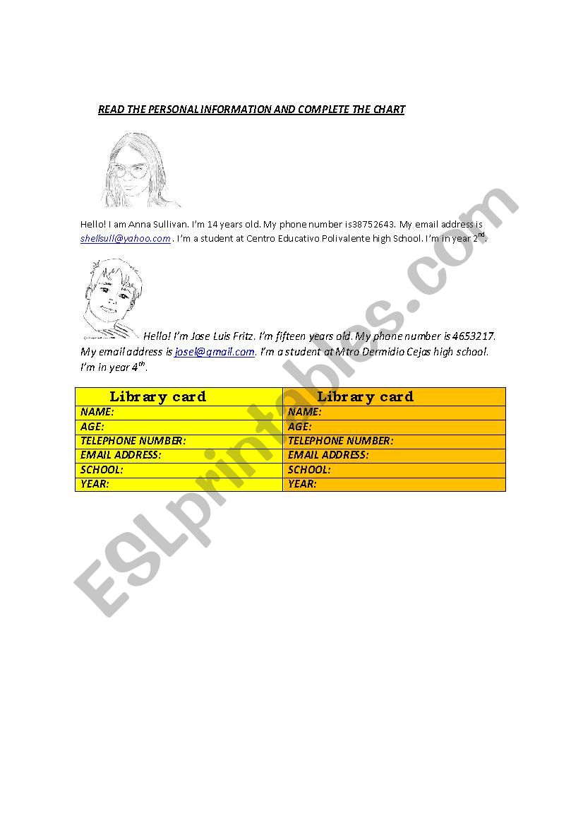 Personal Information worksheet