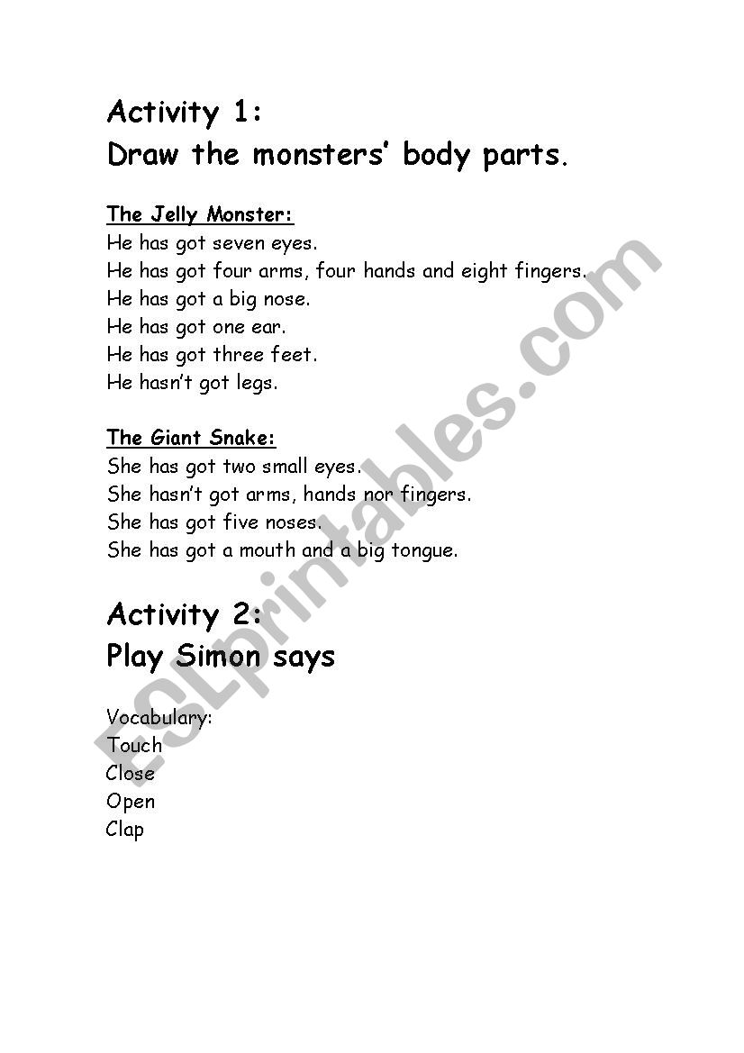 Monsters parts of the body worksheet
