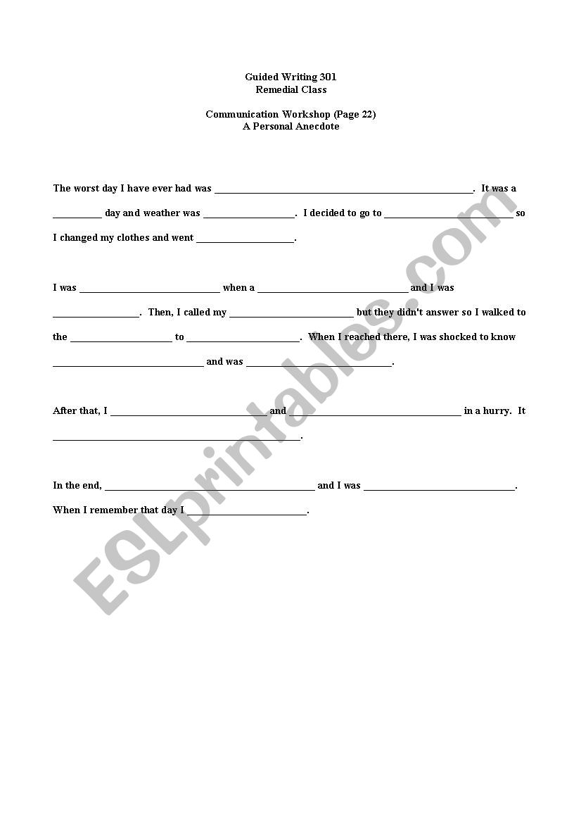 personal anecdote  worksheet