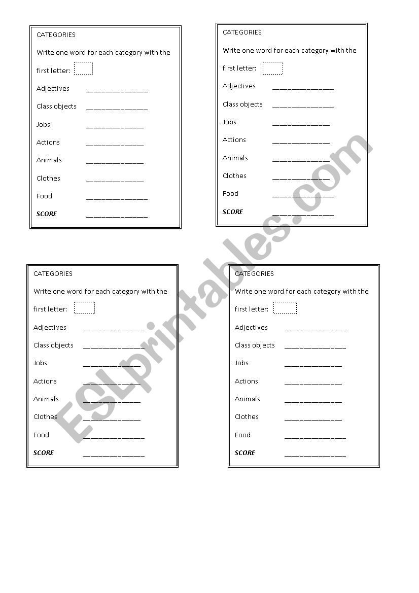 Categories worksheet