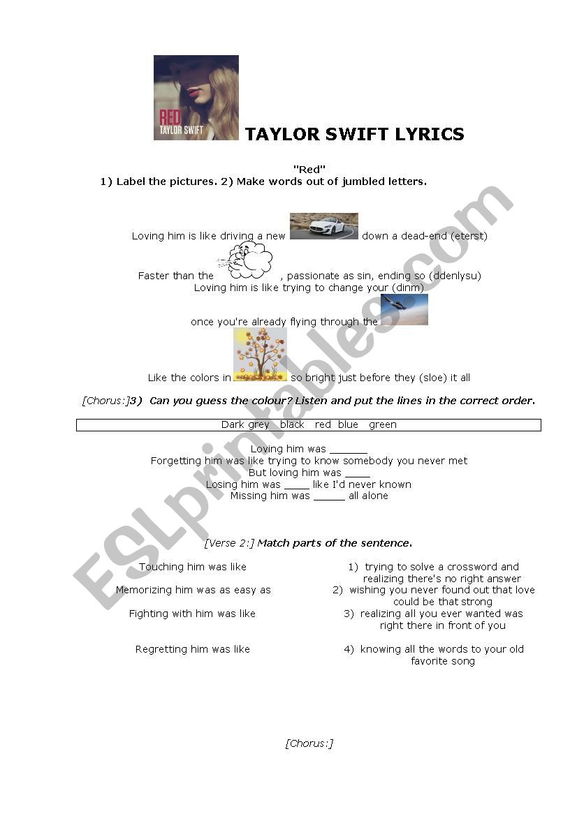  Red by Taylor Swift worksheet
