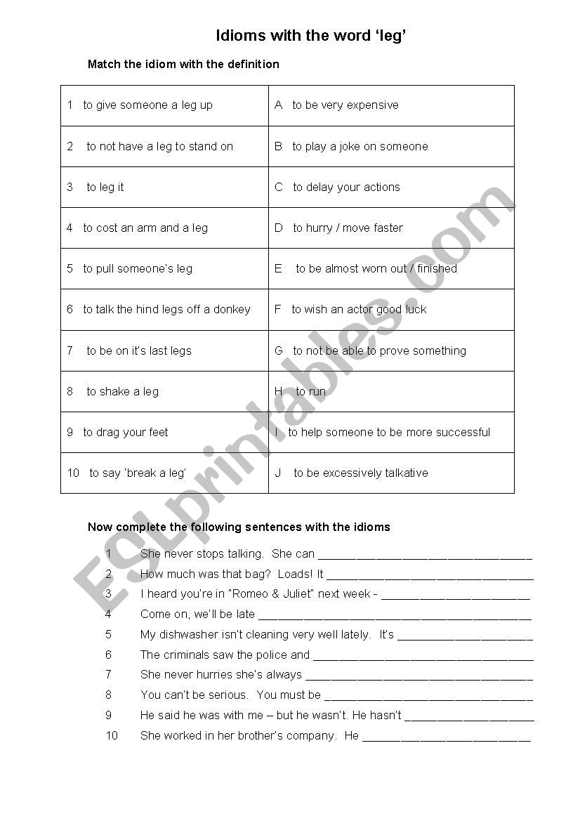 Idioms with leg worksheet