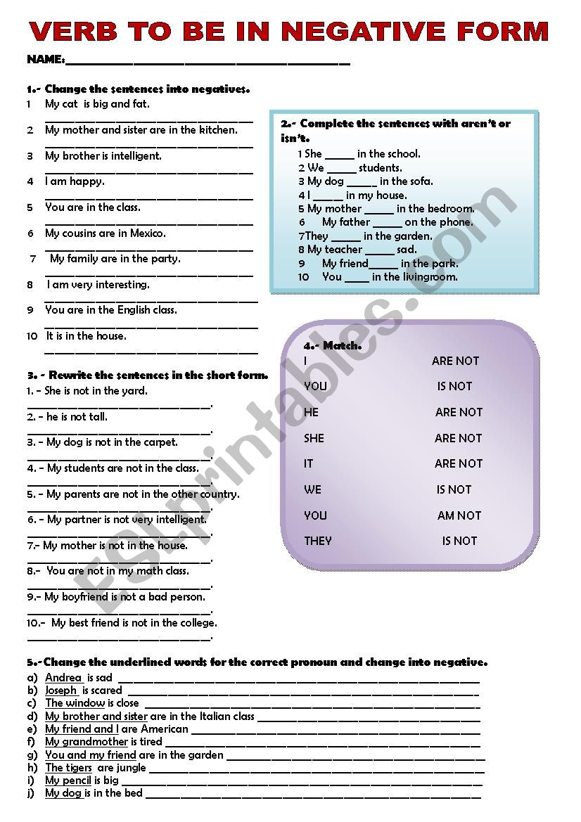 verb to be negative form worksheet