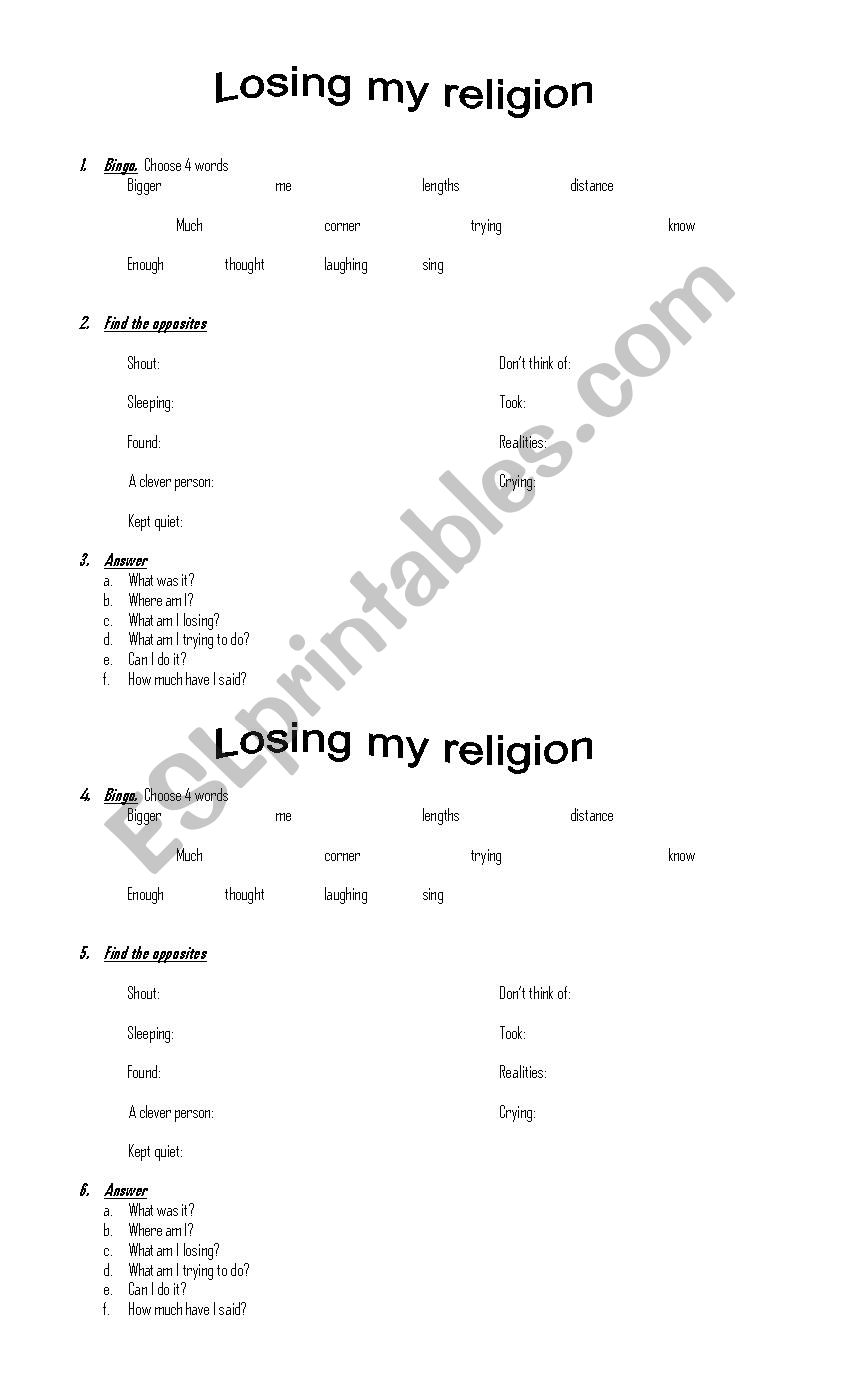 Losing my religion worksheet