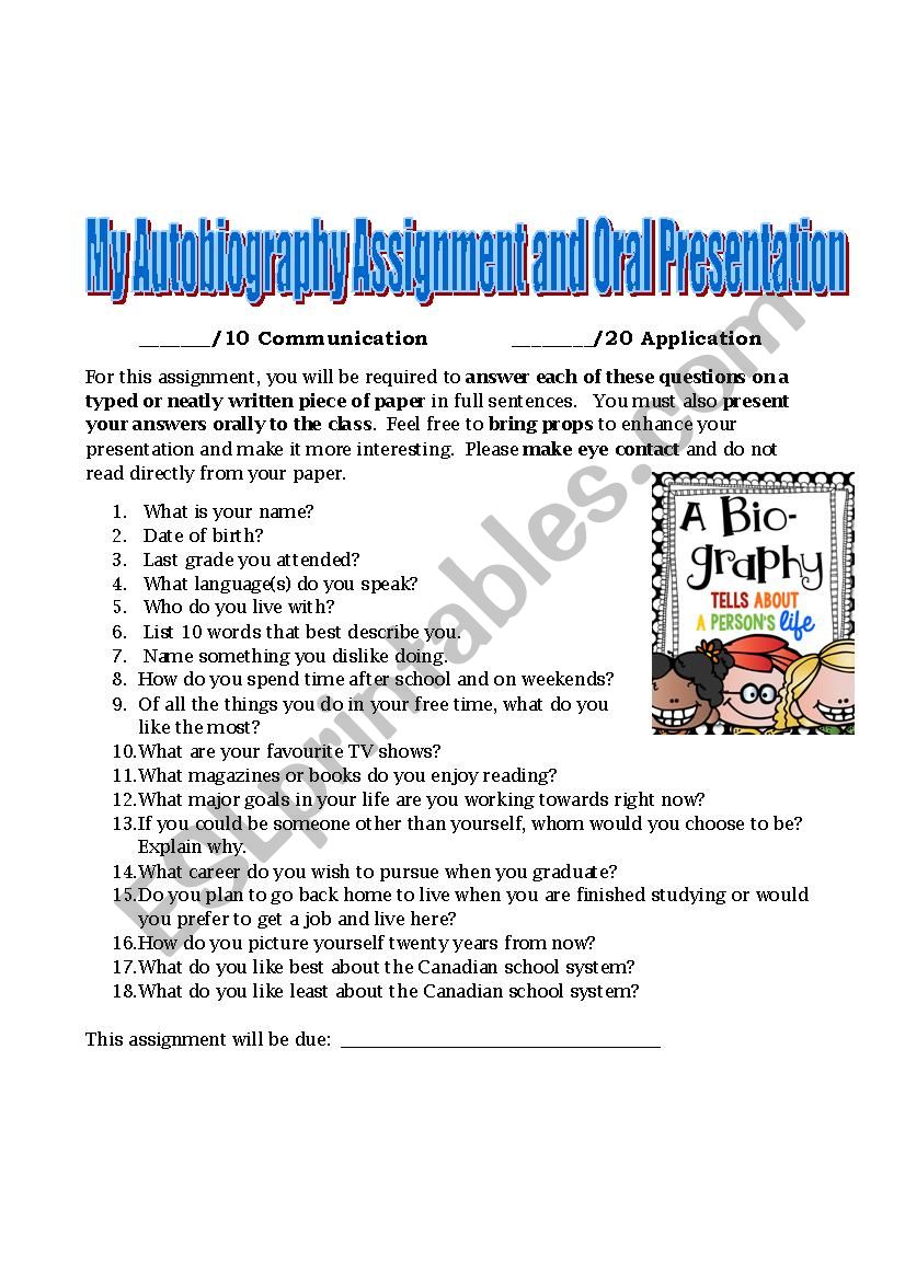 Autobiography Assignment worksheet