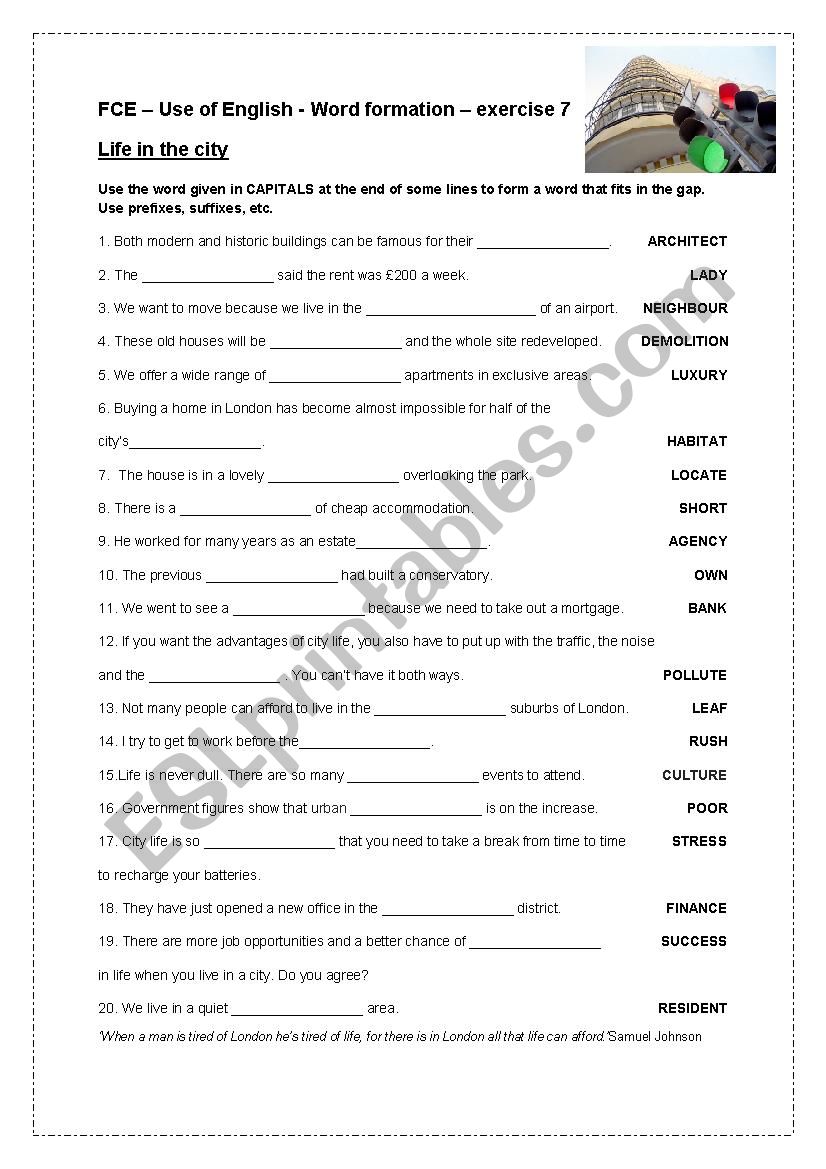 FCE-LIFE IN THE CITY-word formation (level B2)