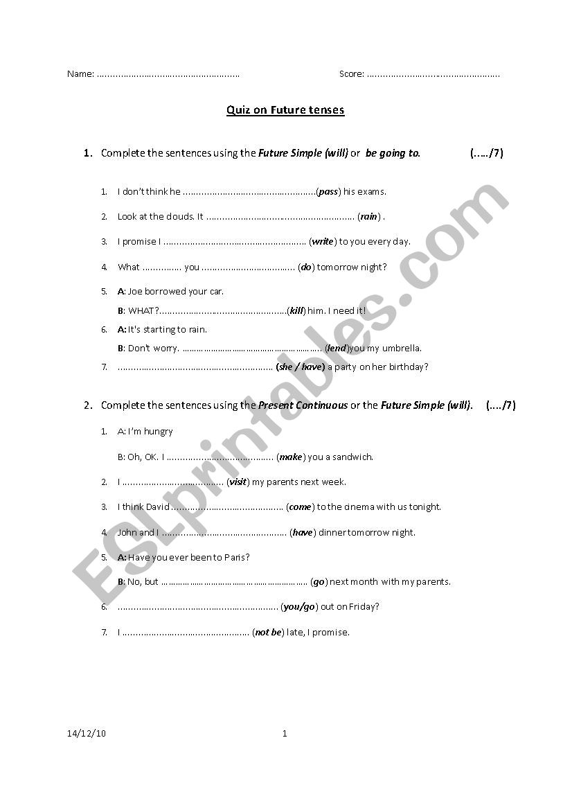 Quiz on future tenses with answer key